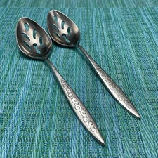 2 Stylecraft SYF31 Stainless SLOTTED SERVING SPOONS Scroll Pierced Vtg Japan