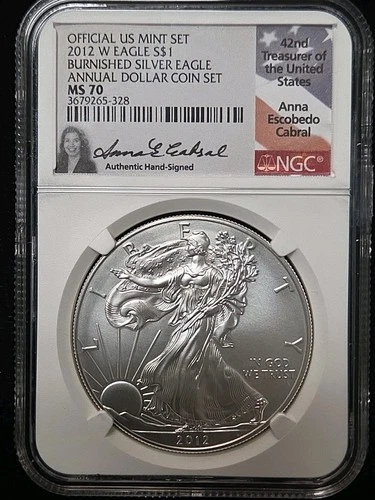 2012-W Burnished Silver Eagle-Annual Dollar Coin Set NGC MS70 Cabral Hand Signed