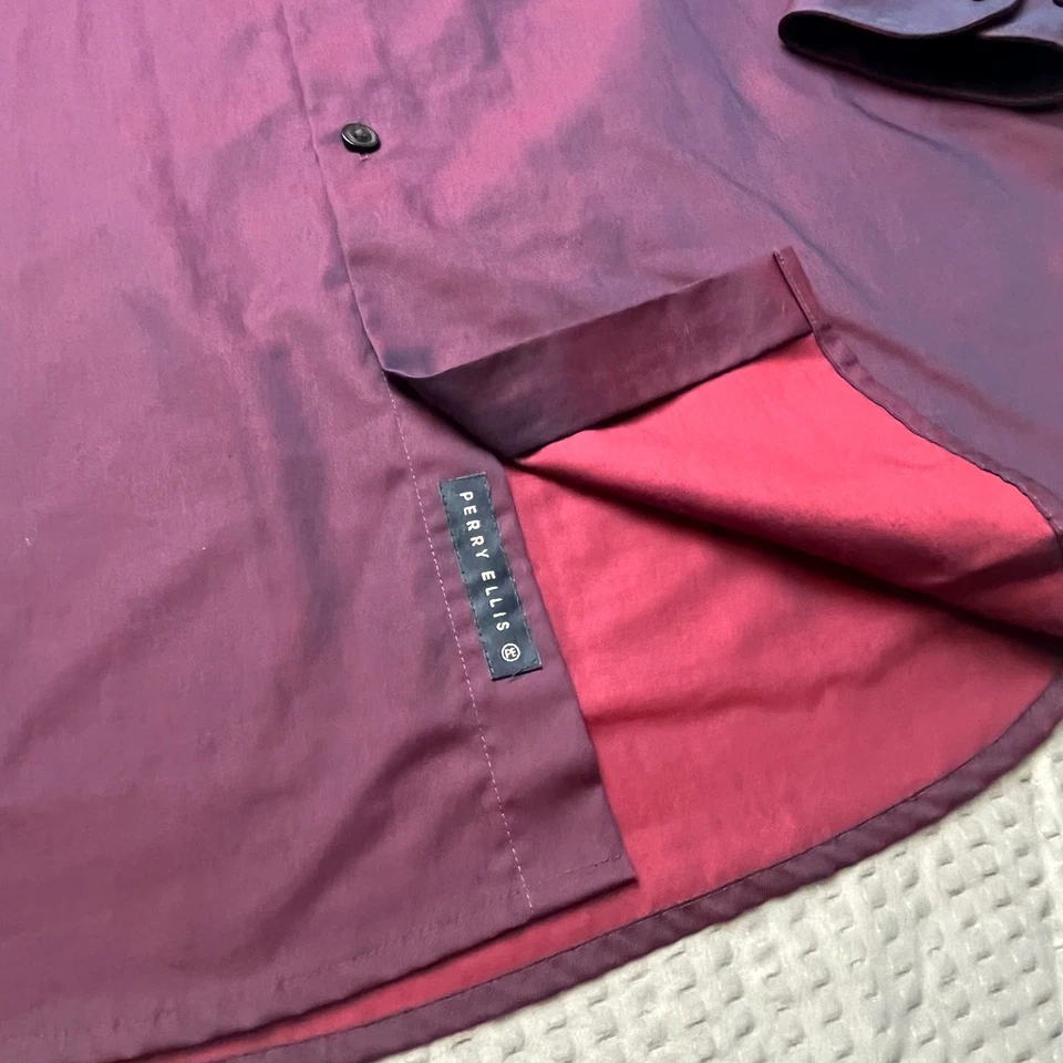 Camisa masculina Perry Ellis borgonha manga longa botão para baixo vestido sem ferro - Imagem 3 de 4