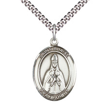 Sterling Silver Saint Blaise Medal Pendant 24" Lobster Claw Chain Necklace