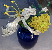 Great Group 3 Large Vintage Handmade Glass Seed Bead Flowers Leaves