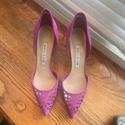 Manolo Blahnik Purple Suede D'Orsay Cut-Out Pointed Toe Slip-On Heels 8.5