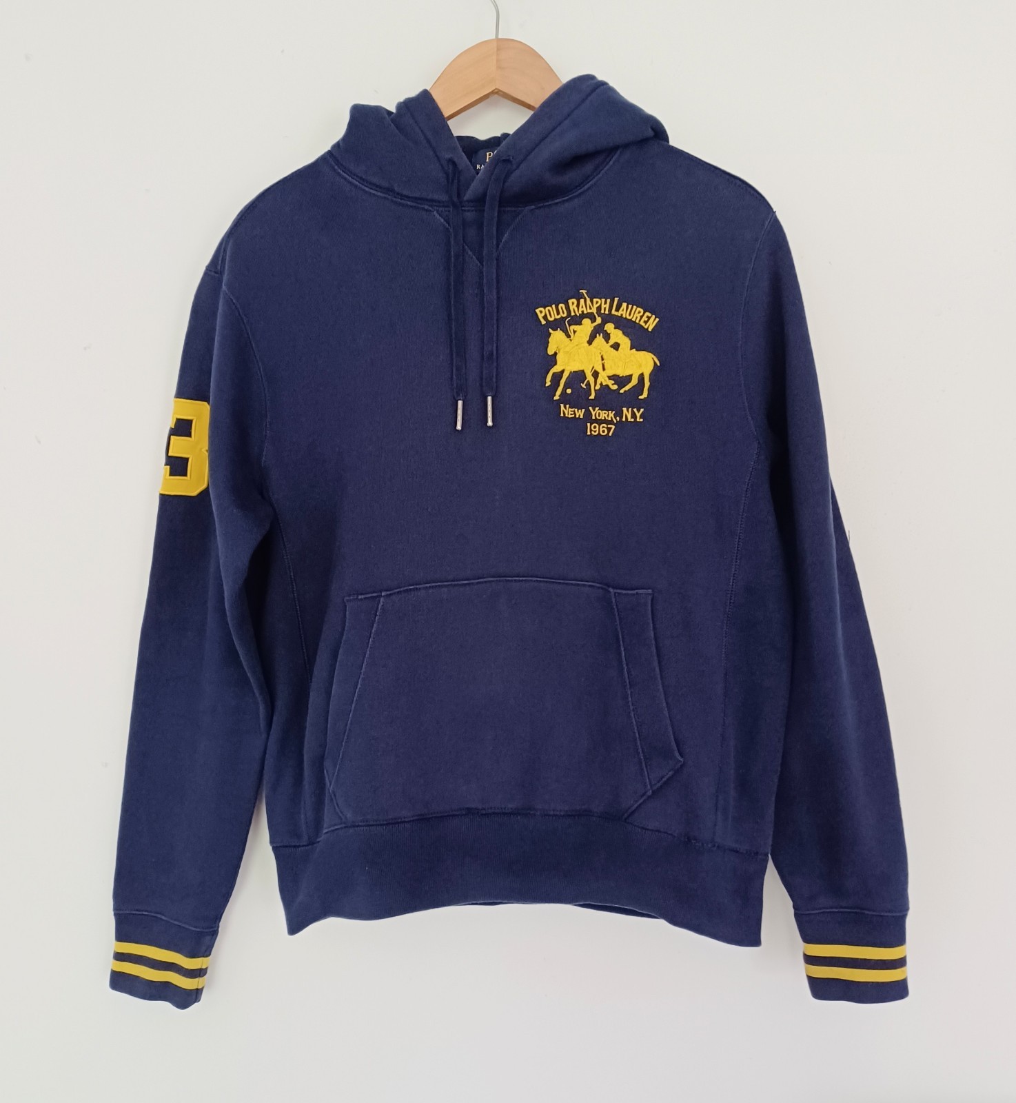 Vintage Polo Ralph Lauren felpa con cappuccio uomo piccolo blu stampede pony pullover New York