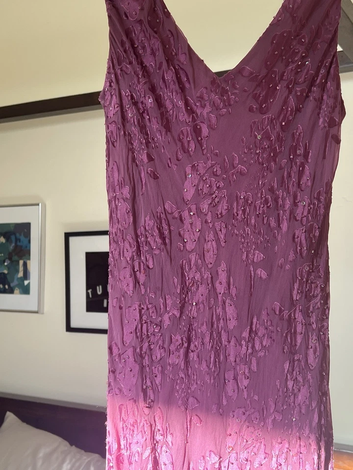 Vintage ALEX EVENINGS Petite Magenta Velvet Beaded Silk Ruffle Dress Size 12P - Image 4 of 4