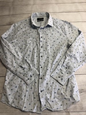 Reserved Shirt Mens 16.5 42 Light Blue Slim Fit Long Sleeve Button Down Floral