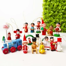 Vintage Small Wooden Christmas Ornaments Lot Of 17 Santa’s Snowmen Angel Train