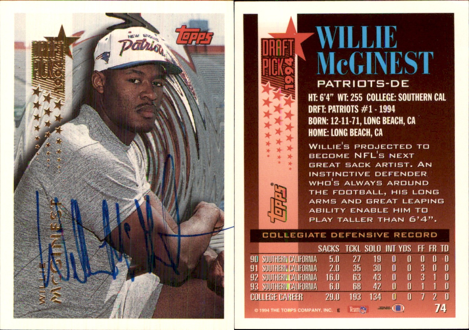 Willie McGinest Signed 1994 Topps #74 Card New England Patriots *Autograph Den*
