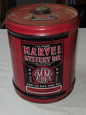 Vintage Original 5 US Gallon Marvel Mystery Oil Can Metal Advertising Sign Empty