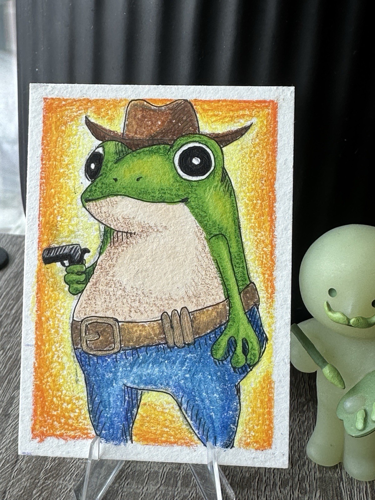 ACEO Original Art Froggo “Howdy Froggo” by Backbrush 2.5 x 3.5 Mixed Media