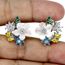 925 Sterling Silver Earrings Flower Mother Of Pearl 12mm Gemstone Enamel Flower