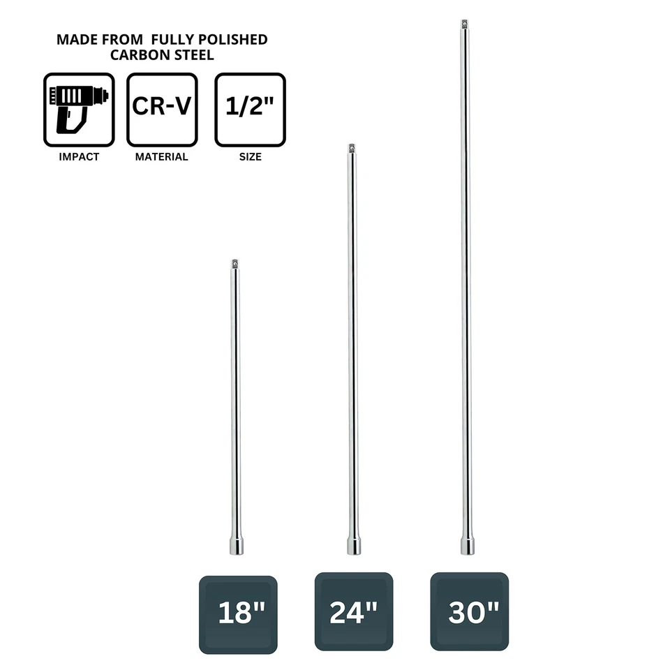 TOOLUXE 00216L 1/2 Drive Long Reach Extension Bar Set | 3 Piece | 18, 24, 30 ... - Image 2 of 4
