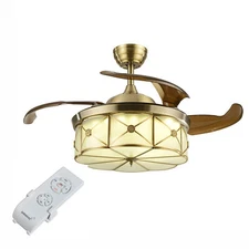 36 Inch Retractable Ceiling Fan Light LED Dimmable Chandelier w/ Remote Control