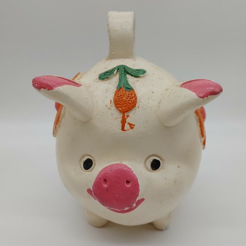 Mexico Folk Art Chalkware Piggy Bank Large Handmade With Painted Flowers Vintage