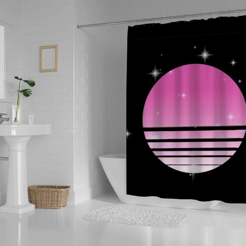 Bathroom Shower Curtain 66 x 72 Inch with 12 Hooks Synthwave Cyberpunk Sun St... - Picture 2 of 6