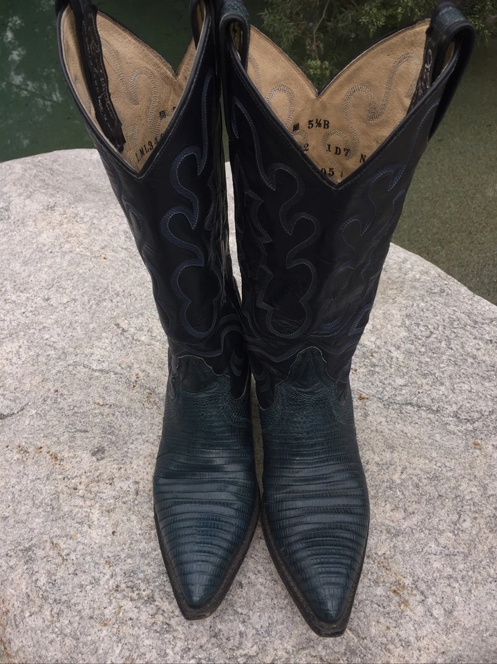 Botas vaqueras vaqueras para mujer Larry Mahan verde azulado pie de lagarto con top negro-azul marino talla 5,5B Foto 2 de 4