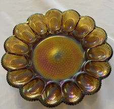 Vintage MCM Indiana Glass Marigold Carnival Glass Hobnail Deviled Egg Plate 11”