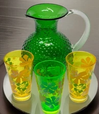 Vtg 11" Green Hobnail Blown Glass Pitcher 3 Floral Summer Tropical Tumblers READ