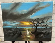 Hand Painted Draftwood Sunrise 14X18 Acrylic Painting