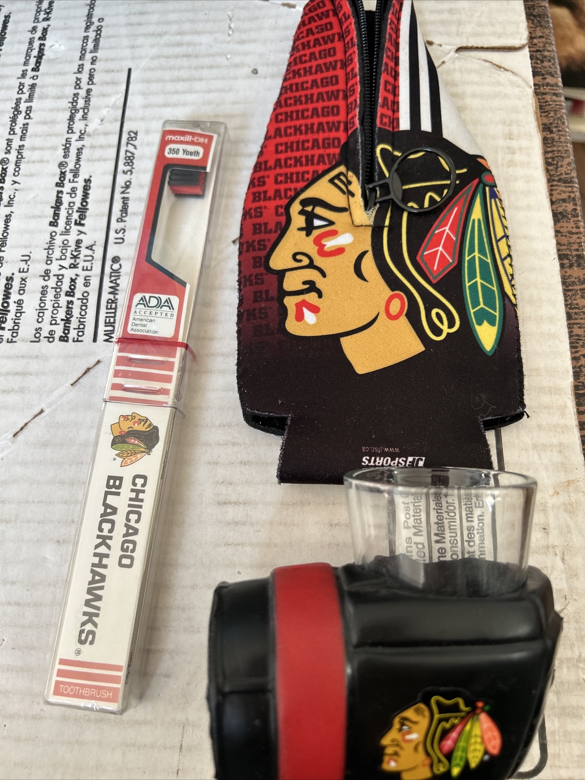 Lot of 3 Chicago Blackhawks Swag Glove Shot Glass Koozie and Toothbrush