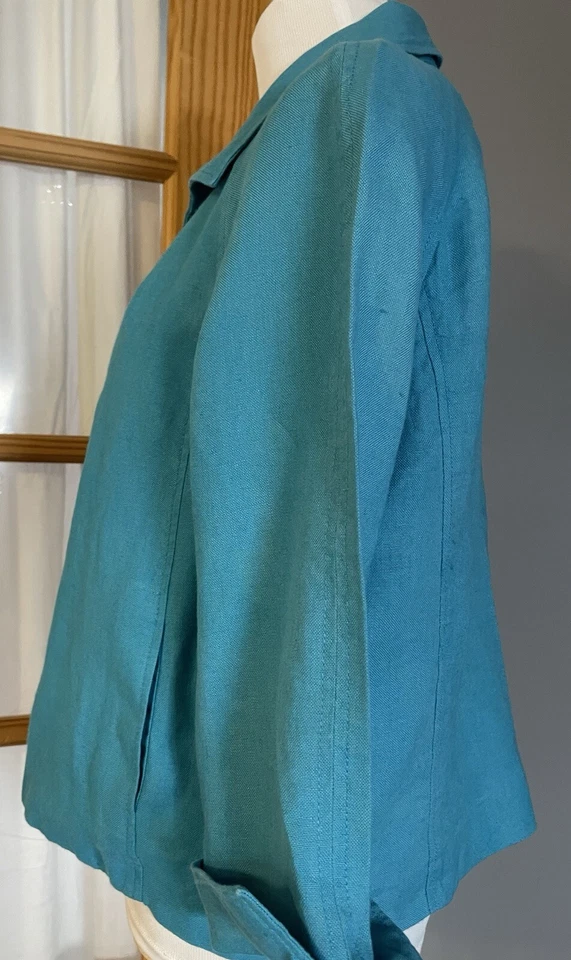 Talbots Iris Linen Blazer Jacket Womens Sz PL Crop Blue Open Front Casual Career - Image 3 of 4