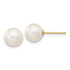 14k Yellow Gold 7-8mm White Round Freshwater Cultured Pearl Stud Earrings 0.1gm