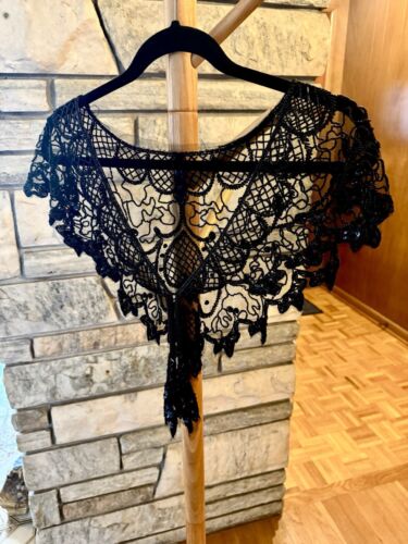 VTG Antique Black Glass Beaded Shrug Capelet Collar Gothic Widow Tassels Witch