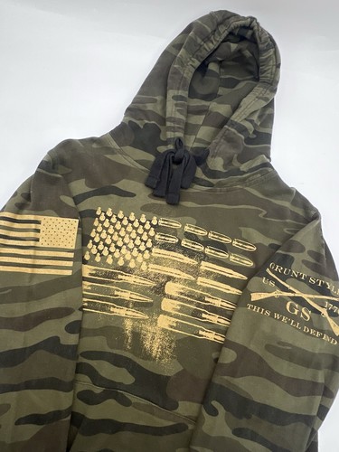 Grunt Style Men Camo Green Hooded Sweatshirt Hoodie Patriotic USA Flag Guns Sz S