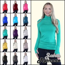 Womens Long Sleeve Jumper Plain Thumb Hole Polo Neck Stretchy Casual T-Shirt Top