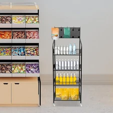 4-Tier Mobile Retail Display Rack Snack Storage Organizer Basket Stand Cart+Hook