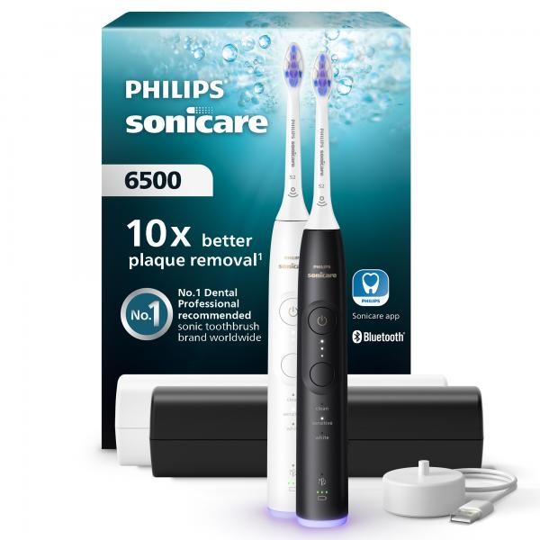 Philips hx7419/01 spazzolino da denti elettrico ricaricabile tecnologia sonicare 6500 3 livelli di intensita` con base di ricarica e custodia bianco nero conf 2 pz. - Immagine 2