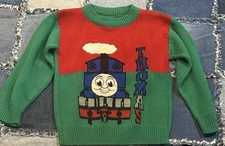 Vtg Thomas the Train Kids Sweater Pullover Green Red Color Block Retro Nostalgia