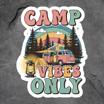 Camping sticker vinyl decal camp vibes only retro van lantern tent forest