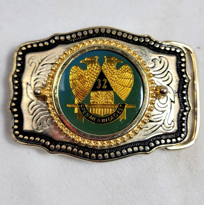 Gold/Silver Tone Masonic 32 Spes Mea In Deo Est Belt Buckle