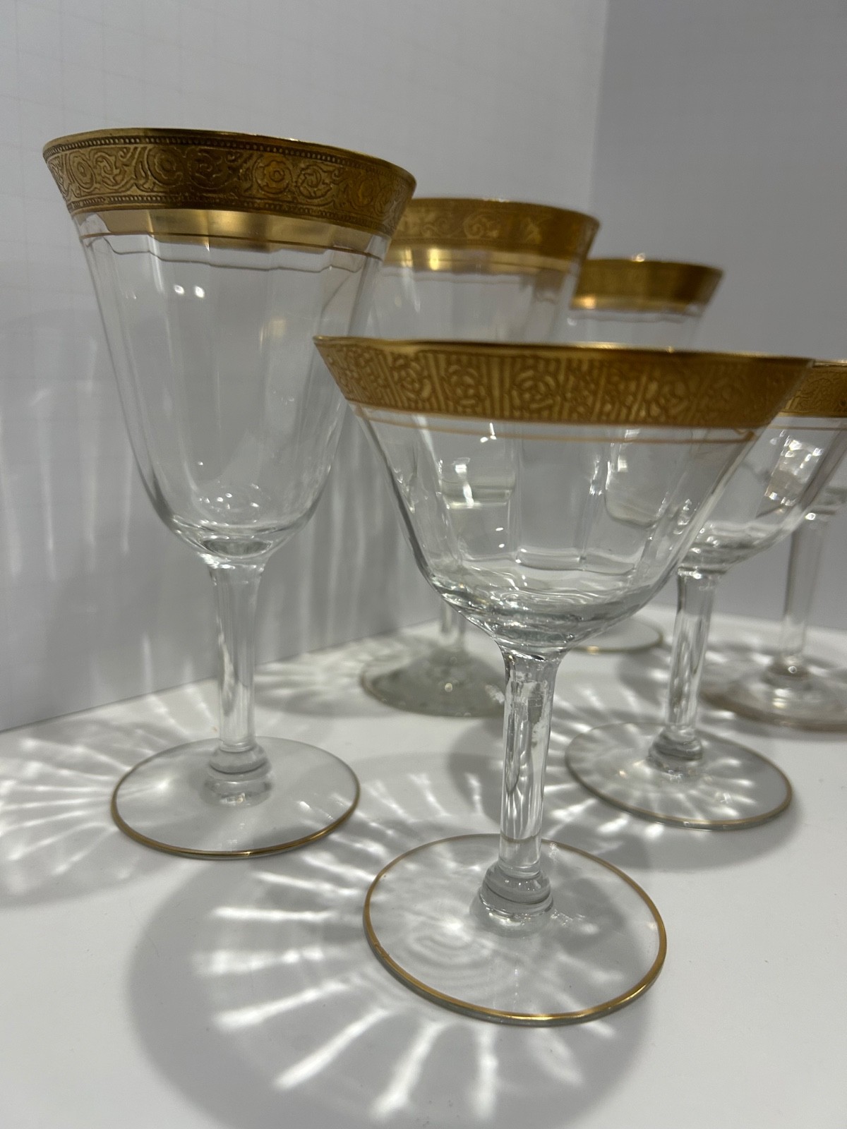 6  Tiffin-Franciscan Minton Optic Glass Gold Trim Footed Glasses assorted Sizes
