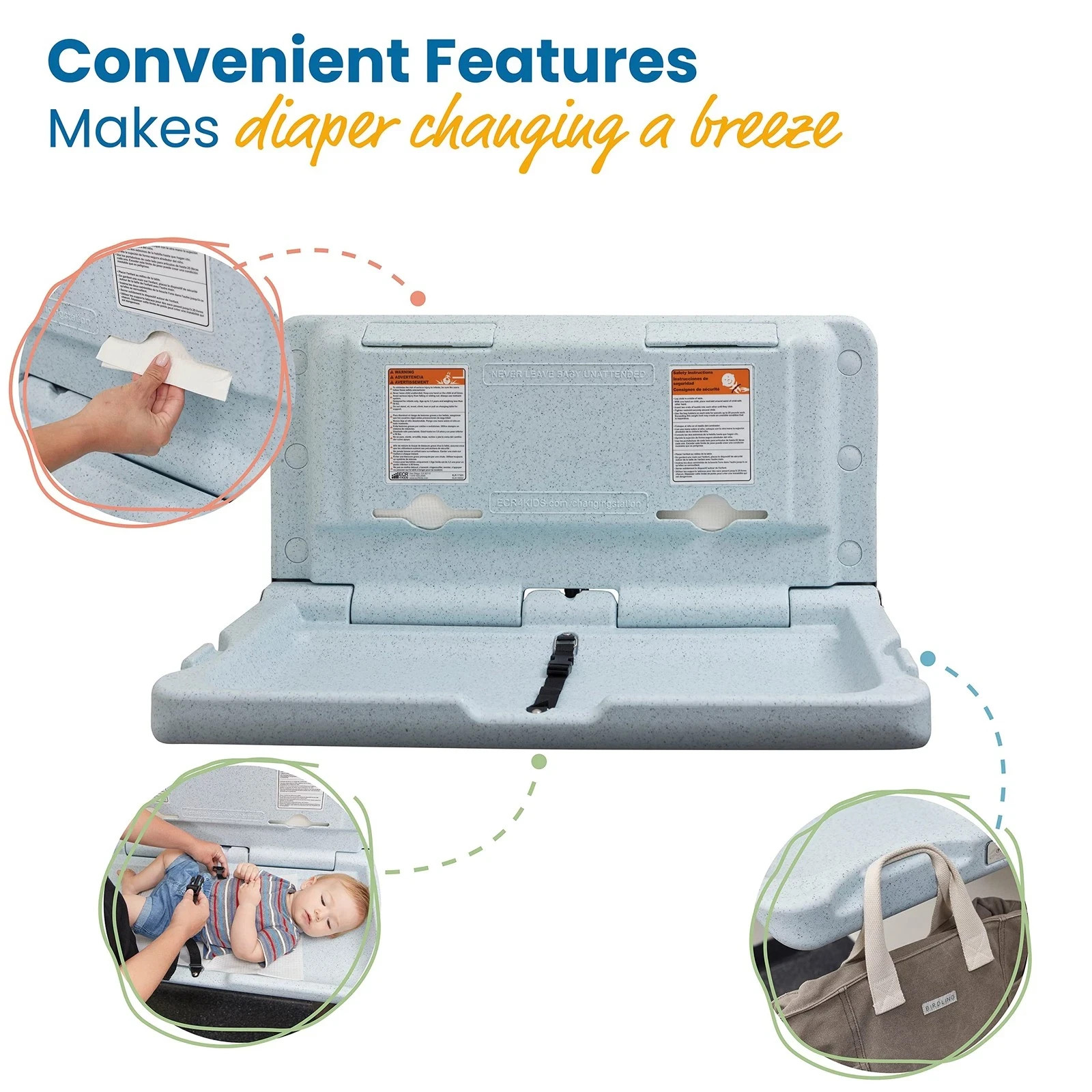 Horizontal Wall-Mounted Changing Station, Baby Changer, Blue/Grey Speckled