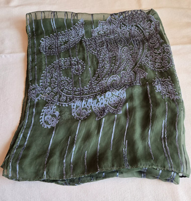 Giorgio Armani Silk Blend Moss Green/Blue-Gray Scarf, Paisley Patterns; 22''x62''