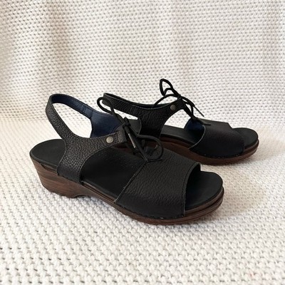 Sanita Black Leather Wooden Platform Olivia Lace Up Gladiator Sandal Clogs 40