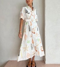 Palm Noosa Souvenir Dress Size AU 14 / US 10 Midi Shells Print Linen Belted