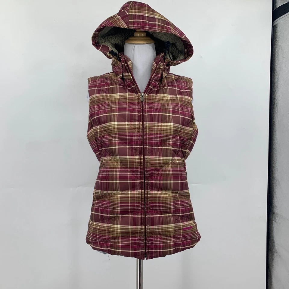 Chaleco Patagonia para mujer S pequeño plumón con acolchado a cuadros cremallera imitación piel sudadera con capucha Foto 2 de 4