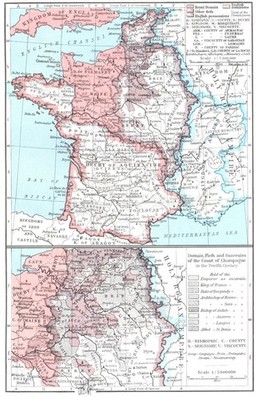 FRANKREICH. 1154-84; Domänenlehen & Suzerains of Graf Champagne, 12C 1956 alte Karte