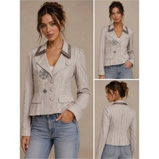 Vintage Embroidered Pinstripe Blazer Jacket Gray Satin Trim Size S