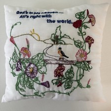 Floral Hand Stitched Embroidered Bird Linen Throw Pillow 14 x 14"