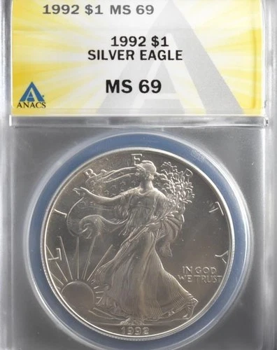 1992 American Silver Eagle Dollar ANACS MS69 1 Oz Fine Silver