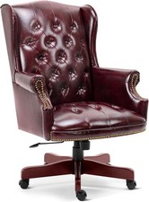 Burgundy Faux Leather Executive Office Chair Wingback Tufted Swivel with Wheels