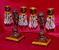 Antique Regency Bronze Candleabra with Crystal Droplets Pair of