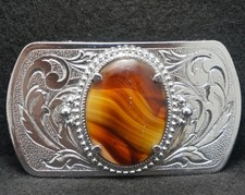 XB05151 VINTAGE 1970s  BROWN STONE  FLORAL ARTWORK UNISEX FASHION BELT BUCKLE