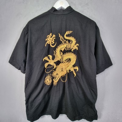 Silver Dragon Hemd Herren Medium Schwarz Bestickt Kurzarm Chinesischer Stil
