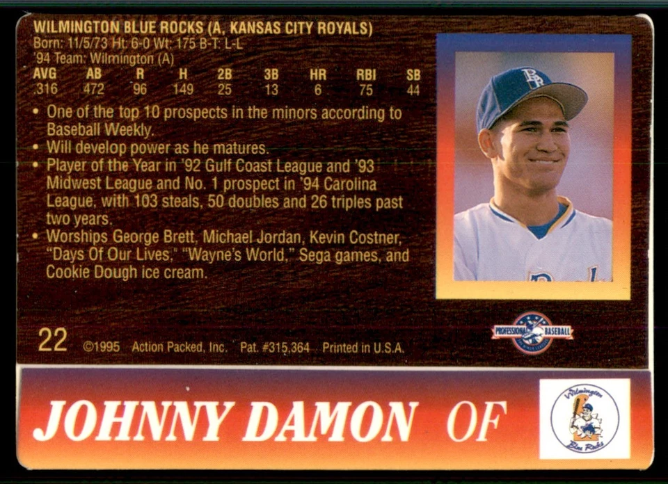 1995 Action Packed Minor League #22 Johnny Damon Blue Rocks - Image 2 of 2