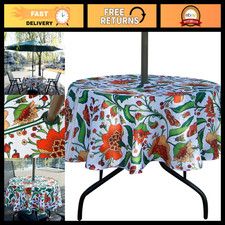 60" Round Tablecloth with Umbrella Hole Zipper, Waterproof Patio Cover for BBQ