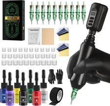 RHEIN Wireless Rotary Tattoo Machine Kit with 10 Tattoo Cartridge Needles 7 Ink